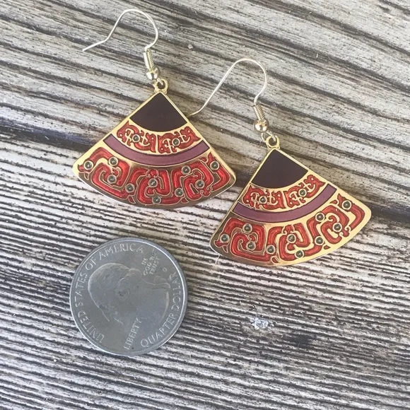 National Palace Museum Fan Earrings Enamel Asian Motif Gold Tone Statement - Picture 3 of 7